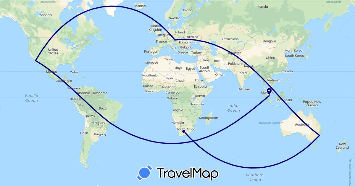TravelMap itinerary: driving in Austria, Australia, Brazil, Malaysia, United States, South Africa (Africa, Asia, Europe, North America, Oceania, South America)